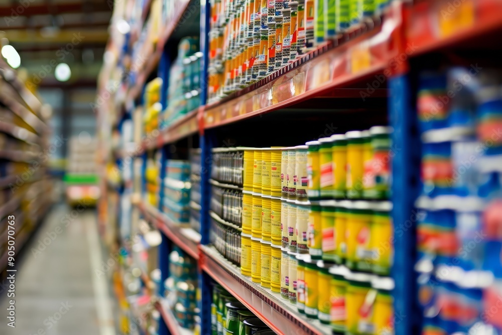 A lineup of various cans neatly stacked on shelves in a grocery store, Highlight key metrics for managing inventory levels and turnover A lineup of various cans neatly stacked on shelves in a grocery store, Highlight key metrics for managing inventory levels and turnover