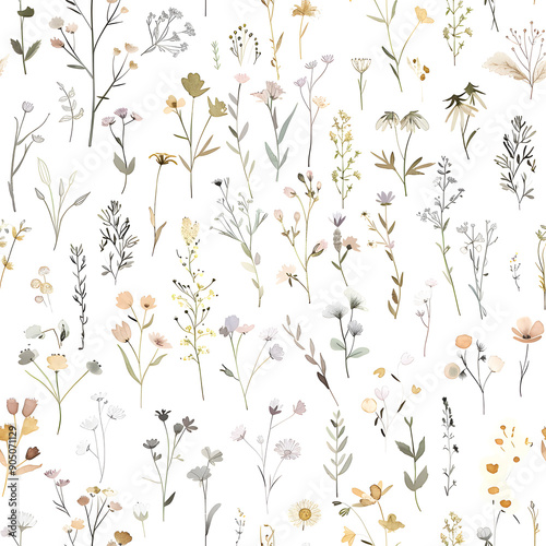 a seamless pattern of small wildflowers and plants on white background