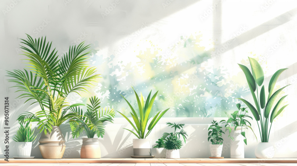 A variety of indoor plants arranged on a sunlit windowsill, creating a fresh and natural atmosphere in the room. A variety of indoor plants arranged on a sunlit windowsill, creating a fresh and natural atmosphere in the room.