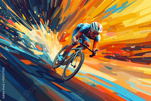 Professional bicyclist riding a bike cycling on abstract low poly color graphic background. Cycle sport low poly style cyclist poster, vector illustration