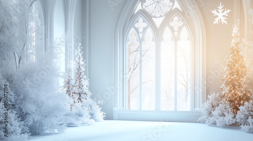 Winter church window snow frosted trees soft sunlight peaceful Christmas decor quiet holiday serenity sacred space gothic architecture white minimal spiritual beauty tranquil snowy scene