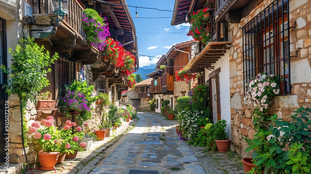 Fototapeta premium A narrow cobblestone street lined with charming stone houses in a European village.