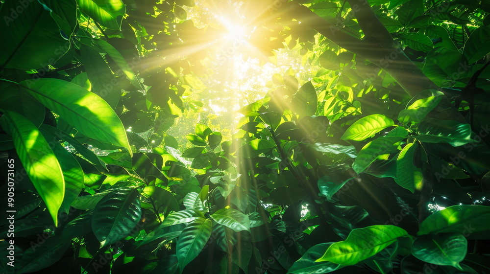 Lush green leaves of trees in a forest with sunlight shining through the branches Lush green leaves of trees in a forest with sunlight shining through the branches