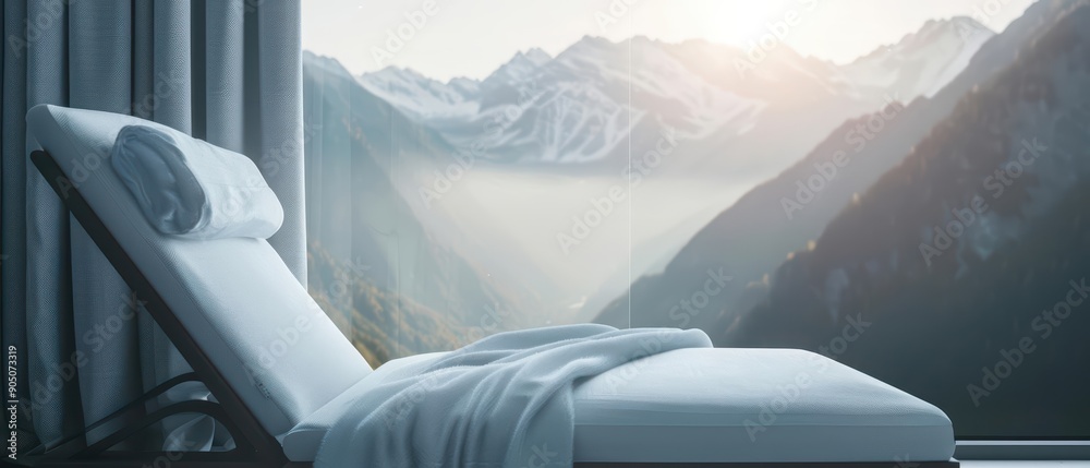 Fototapeta premium Spa chic interior featuring elegant furnishings with sunlight filtering through, providing a magnificent mountain view, luxury, banner, with copy space