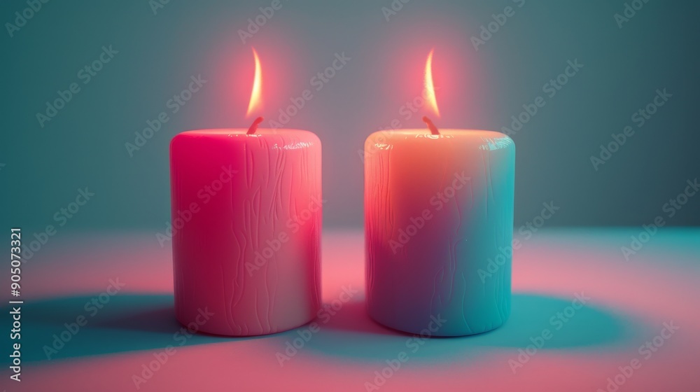 Two candles with red and blue flames, casting warm glow on a white surface. Minimalist aesthetic for relaxation and ambiance. Two candles with red and blue flames, casting warm glow on a white surface. Minimalist aesthetic for relaxation and ambiance.