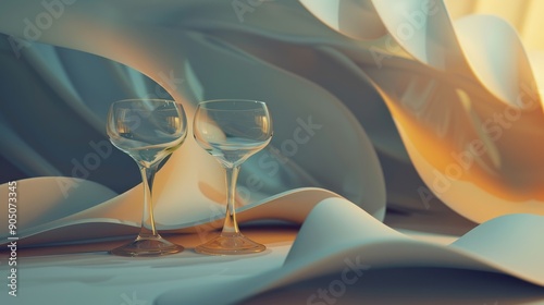 Two empty wine glasses on a table with a soft, abstract background of swirling fabric.