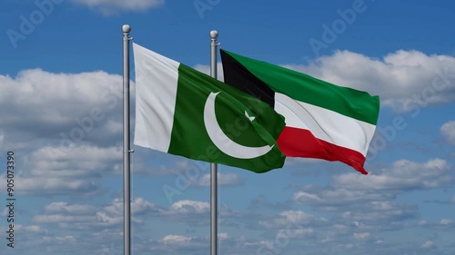 Kuwait and Pakistan flags flying together, video concept of the relationship, two country cooperation concept