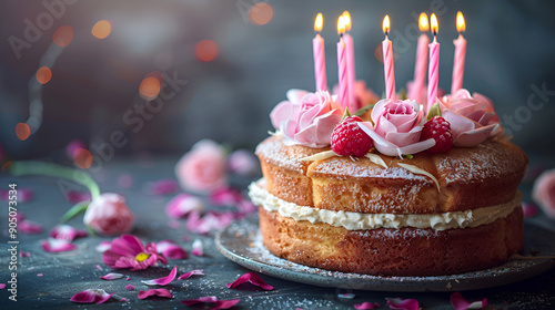 Birthday cake with candles A cute pink birthday cake with an  wafer on top with sprinkles chocolate and top for a girl's birthday