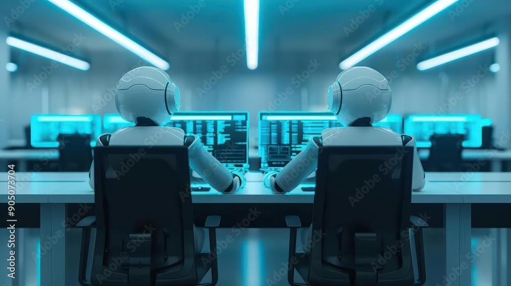 Supernatural scene in a techsavvy office where sunlight filtering illuminates robotic assistants and smart desks that adapt to individual preferences Supernatural scene in a techsavvy office where sunlight filtering illuminates robotic assistants and smart desks that adapt to individual preferences