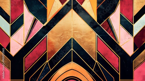 Abstract Art Deco Geometric Pattern with Bold Color Palette and Gold Accents