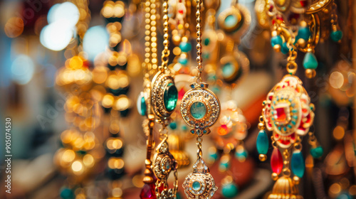 Traditional old oriental jewelry made of gold and gems, displayed in an old middle eastern jewelry store © Adrian Grosu