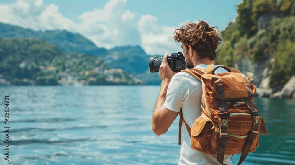 Obraz premium A photographer, equipped with a camera and backpack, stands by a tranquil lakeside surrounded by lush greenery and rugged mountains. The serene landscape and overcast sky create a peaceful ambiance.