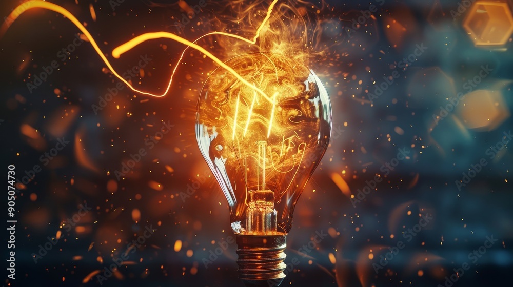 A glowing lightbulb surrounded by sparks and fire, representing creativity, innovation, and inspiration. A glowing lightbulb surrounded by sparks and fire, representing creativity, innovation, and inspiration.