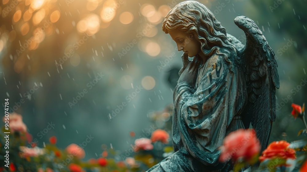 Grieving angel statue on green panoramic background. Grieving angel statue on green panoramic background.