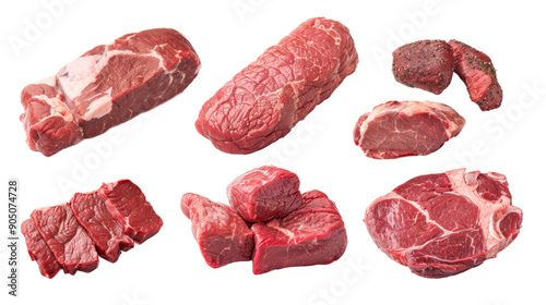 A variety of different cuts of meat are shown, including steaks, chops