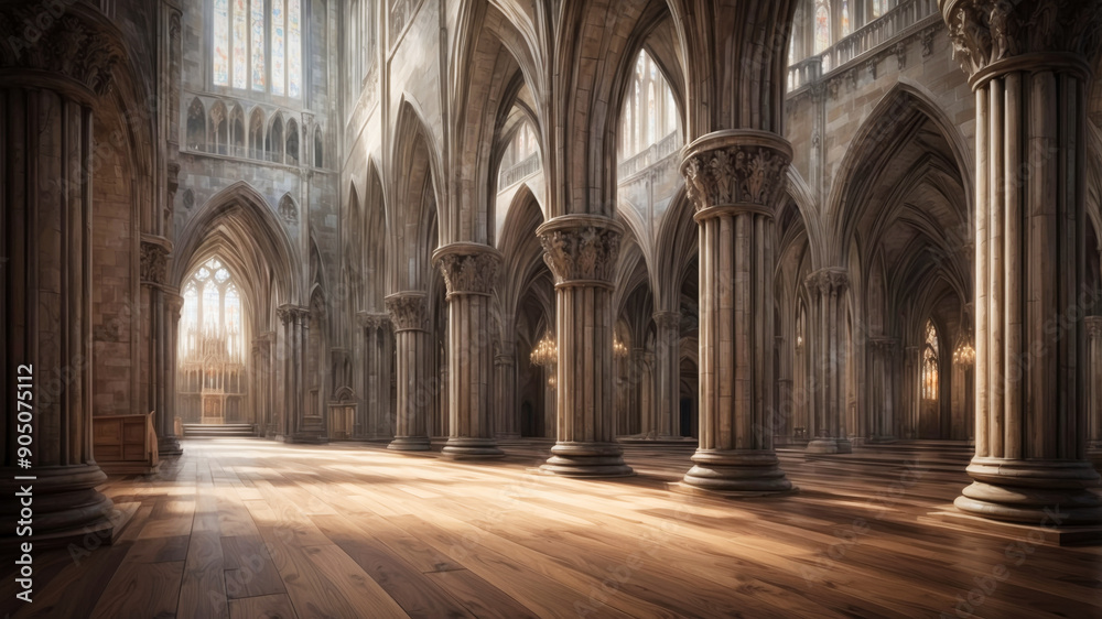 Fototapeta premium Inside of an ancient gothic cathedral with wooden floor and carved stone columns