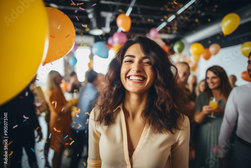 Joyful businesswoman celebrating with colleagues business people having a party fun in the office
