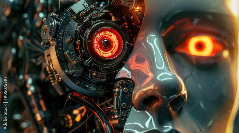 A close-up shot of a robot's face with glowing eyes, suitable for use in sci-fi or futuristic themed projects A close-up shot of a robot's face with glowing eyes, suitable for use in sci-fi or futuristic themed projects
