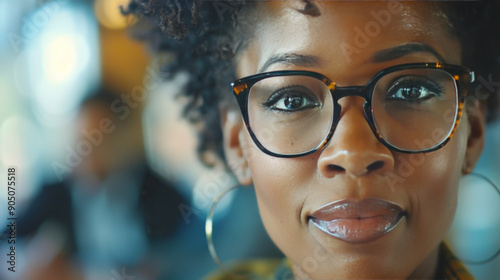 Close-up portrait of a woman with glasses, showcasing her thoughtful expression and stylish eyewear in a blurred background.