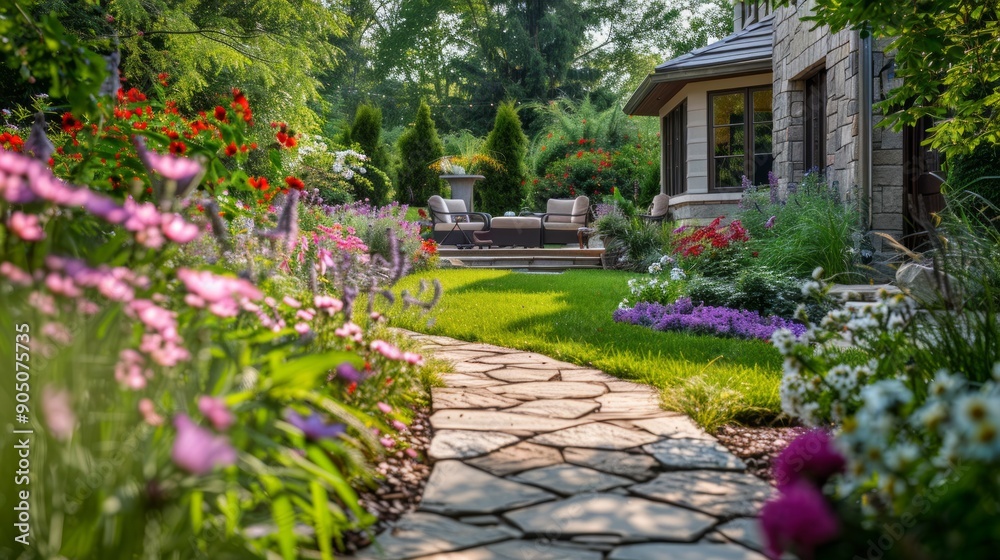 A beautiful garden pathway flanked by vibrant flowers, leading to a cozy seating area in the backyard A beautiful garden pathway flanked by vibrant flowers, leading to a cozy seating area in the backyard