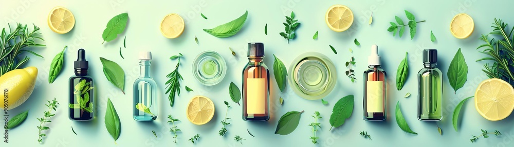 Flat lay of essential oils for immune support, with bottles of oregano, eucalyptus, and lemon oils, surrounded by fresh herbs and a glass of water Flat lay of essential oils for immune support, with bottles of oregano, eucalyptus, and lemon oils, surrounded by fresh herbs and a glass of water