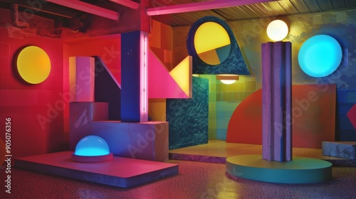 Abstract Modern Art Installation with Vibrant Neon Lighting and Geometric Shapes