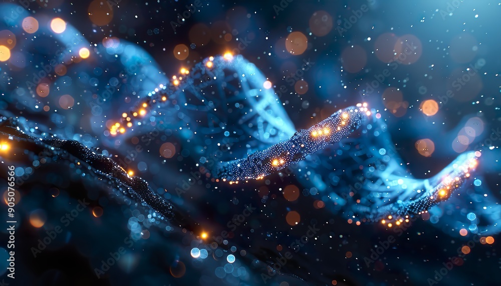 Digital Helix: Abstract Representation of Human DNA with Blue Glowing Strands