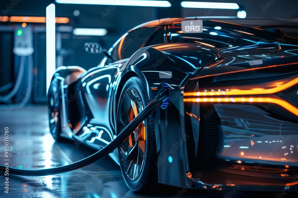 Futuristic Electric Car Parked in Garage, Highlighting the eco-friendly features of an electric sport car, particularly its innovative battery pack technology Futuristic Electric Car Parked in Garage, Highlighting the eco-friendly features of an electric sport car, particularly its innovative battery pack technology