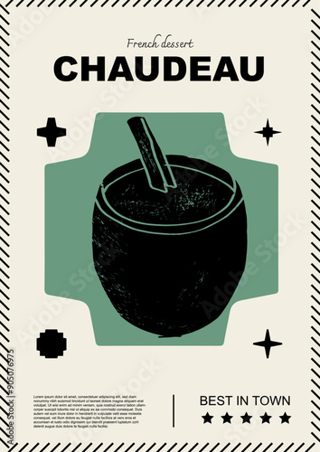 French chaudeau. Price tag or poster design. Set of vector illustrations. Typography. Engraving style. Labels, cover, t-shirt print, painting.	
