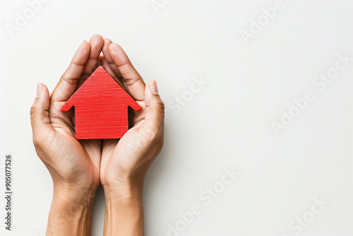 Overhead view on person hands holding red house model on white background. Home for sale, for rent, mortgage concept. Saving money. Copy space photo