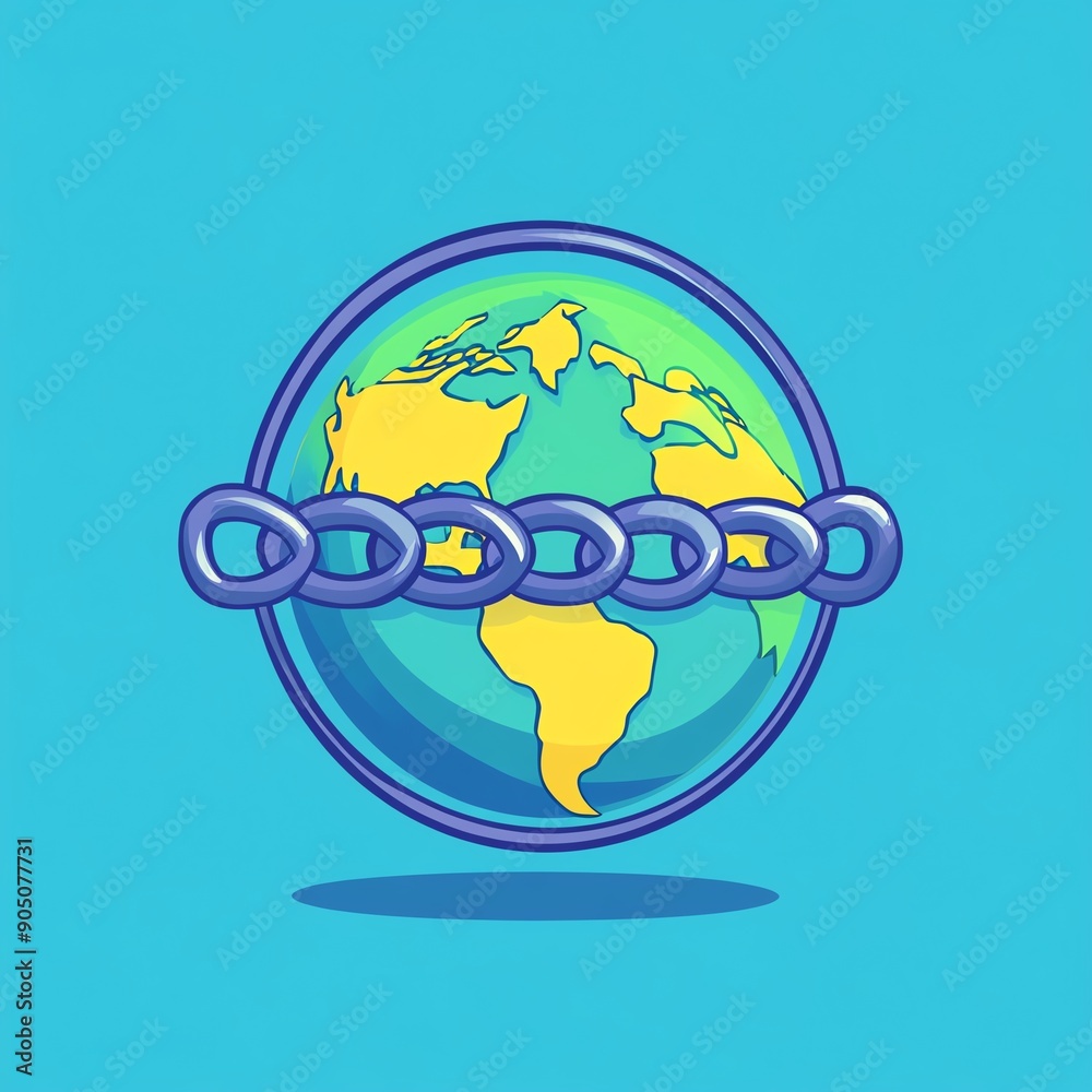 Earth globe with chain around it, symbolizing global connection or restriction. Earth globe with chain around it, symbolizing global connection or restriction.