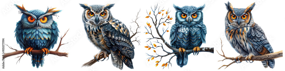 Obraz premium Four owls sitting on a branch, one of which is looking at the camera