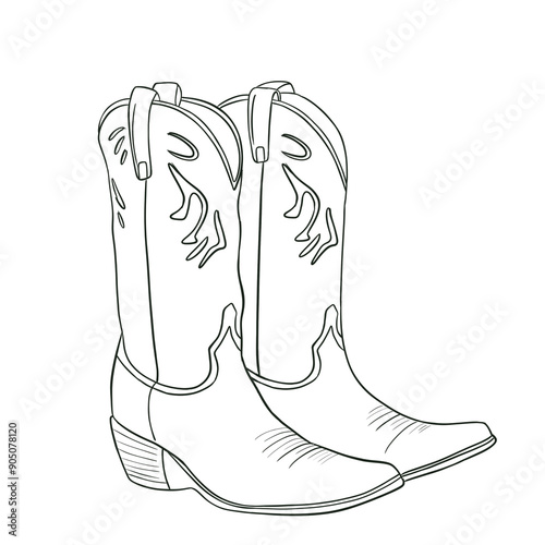 Cowboy boot line art isolated on white background