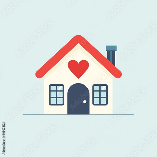 Flat design illustration of a house with a heart, symbolizing home and love. photo