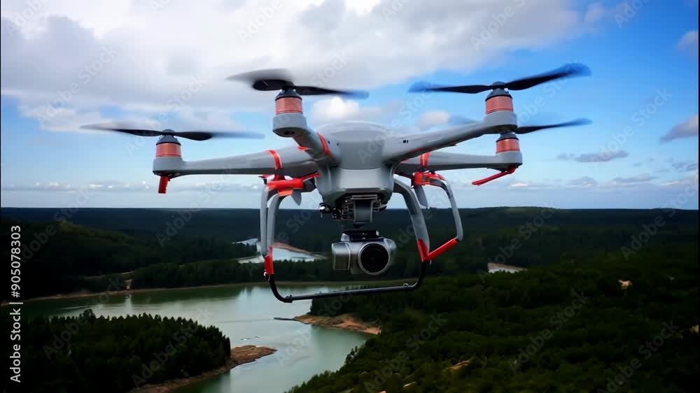 Aerial drone with camera, flying in an overcast sky.