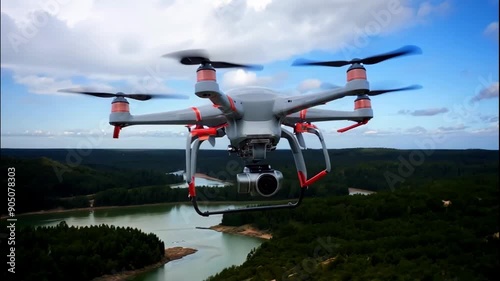 Aerial drone with camera, flying in an overcast sky.