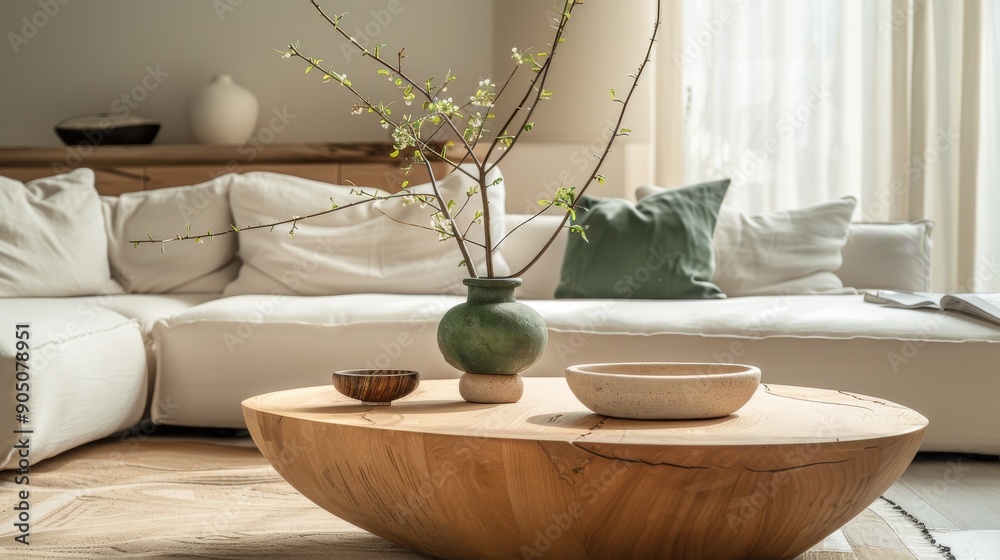 Minimalist Living Room with Wooden Coffee Table and Zen-Inspired Decor Minimalist Living Room with Wooden Coffee Table and Zen-Inspired Decor