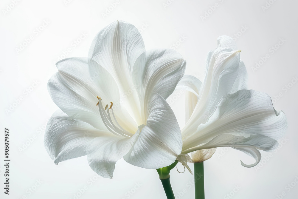 Obraz premium Two stunning white lilies display their graceful curves and pristine petals in a soft, ethereal light, symbolizing purity and peace.