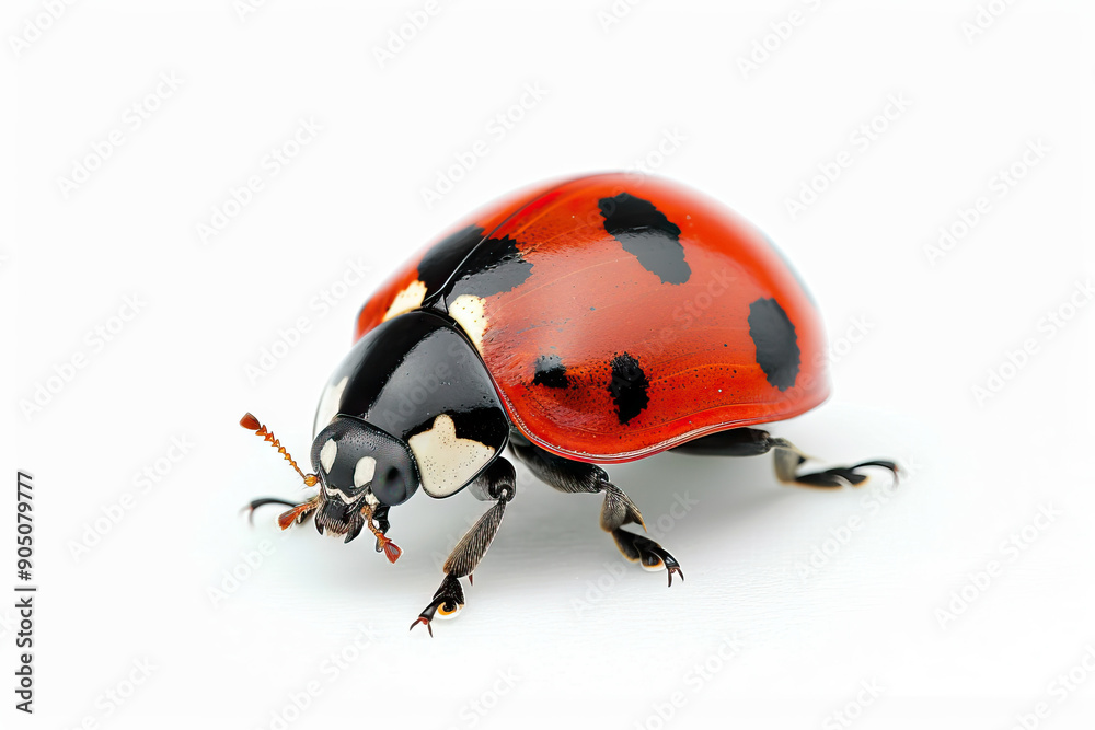 Close-up of a ladybug with detailed black spots on a shiny red shell, isolated on a white background, showcasing natural beauty Close-up of a ladybug with detailed black spots on a shiny red shell, isolated on a white background, showcasing natural beauty