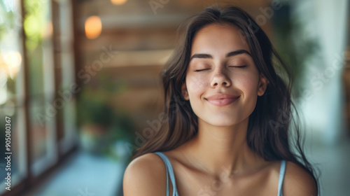 Free Download Young woman with closed eyes, smiling peacefully, enjoying a moment of calm and relaxation. - GFXLoad