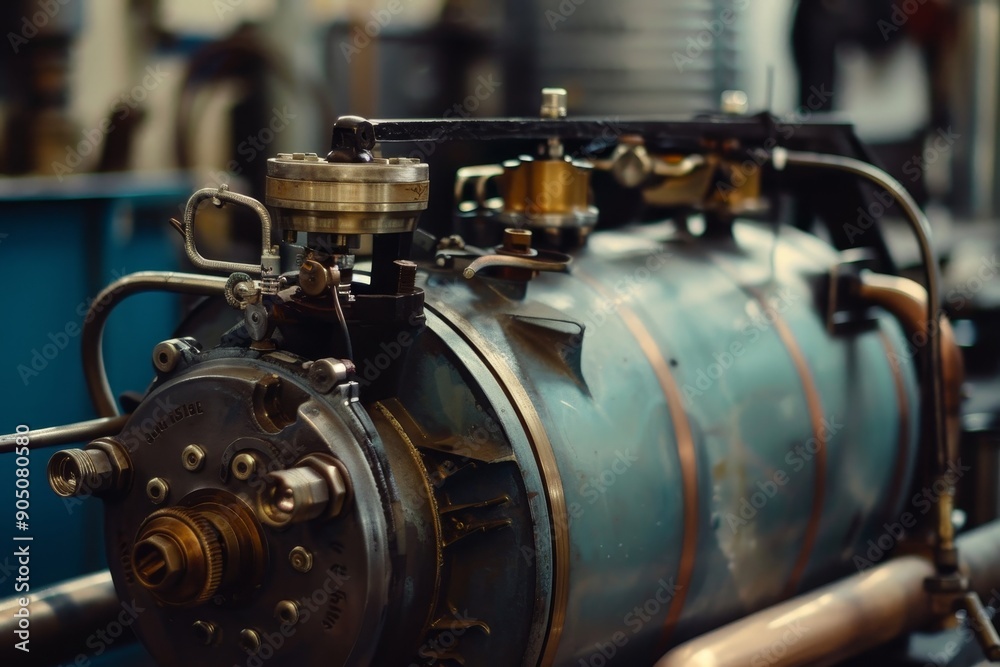 An antique steam engine is running amidst industrial machinery in a factory, emitting steam and generating power, Hissing sound of a pneumatic air compressor An antique steam engine is running amidst industrial machinery in a factory, emitting steam and generating power, Hissing sound of a pneumatic air compressor