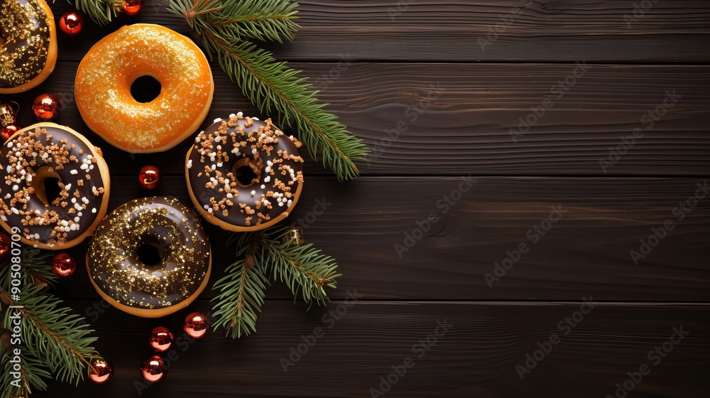 Fresh donuts, fir branches and citrus fruits on a dark background. Festive mood. Happy New Year concept