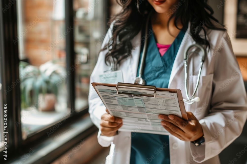 A female doctor stands by a window, holding a clipboard with patient notes, Holding a clipboard filled with patient notes and medical records A female doctor stands by a window, holding a clipboard with patient notes, Holding a clipboard filled with patient notes and medical records