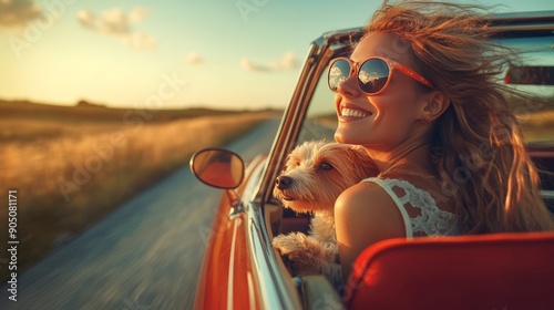 A joyful woman enjoys a scenic drive in a convertible, embracing the breeze with her adorable dog. A perfect moment of freedom.