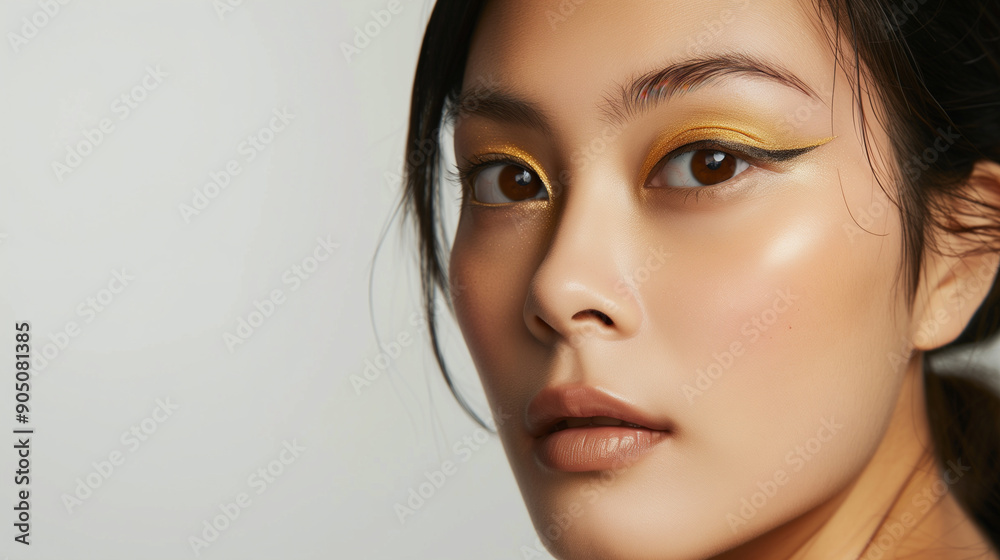 Asian Woman with Dramatic Golden Eye Makeup and Soft Lighting Asian Woman with Dramatic Golden Eye Makeup and Soft Lighting
