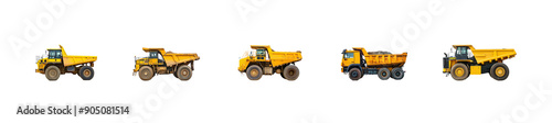 Collection of Articulated Dump Truck side view full length isolate on transparency background