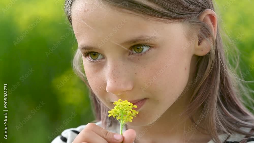 Smiling girl standing in the wind smelling flowers Smiling girl standing in the wind smelling flowers