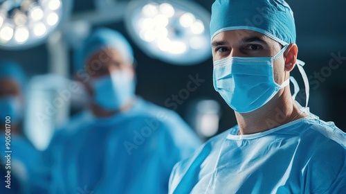 A man in a blue surgical mask stands in front of a light