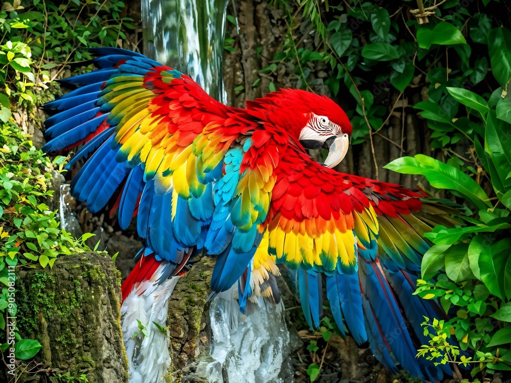 Obraz premium Colorful macaw parrot in the jungle. macaw parrot with colorful plumage and a long tail sitting on the tree branch. colorful parrot in the rain forest, wildlife and nature concept