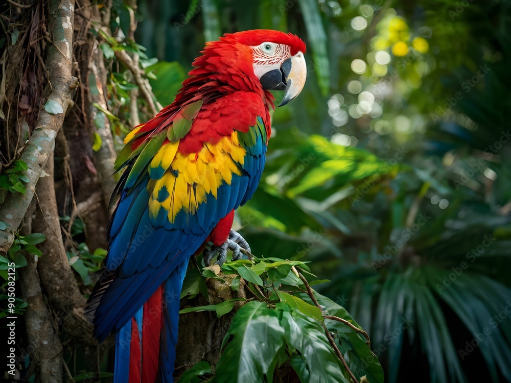 Colorful macaw parrot in the jungle. macaw parrot with colorful plumage and a long tail sitting on the tree branch. colorful parrot in the rain forest, wildlife and nature concept Colorful macaw parrot in the jungle. macaw parrot with colorful plumage and a long tail sitting on the tree branch. colorful parrot in the rain forest, wildlife and nature concept